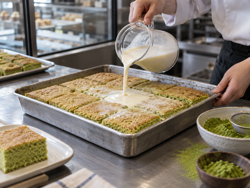 Matcha dispersed into tres leches soak