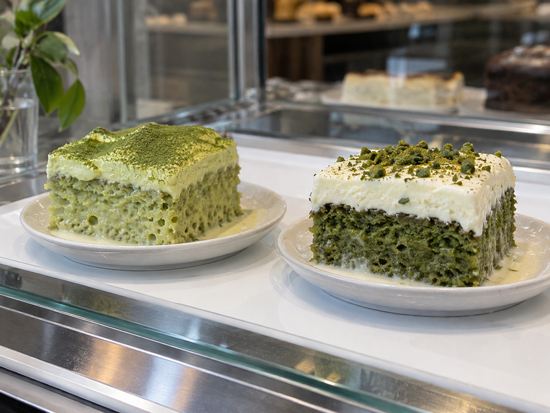 Measured soak applied evenly to matcha sponge