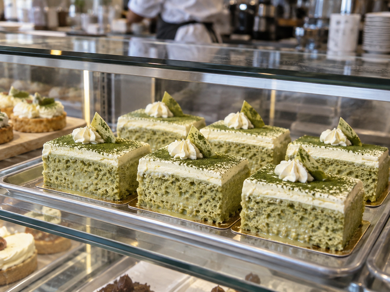 Matcha tres leches cake receiving its topping