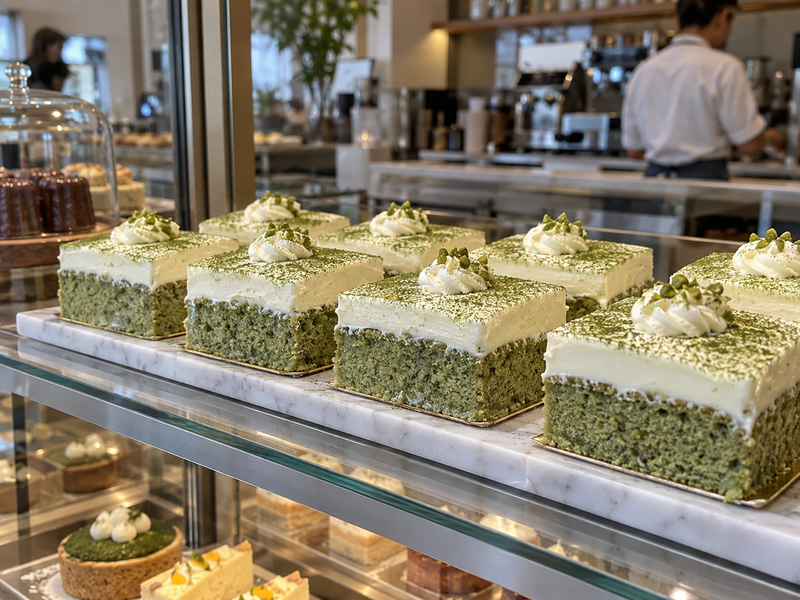 Portioned matcha tres leches cake ready for label review