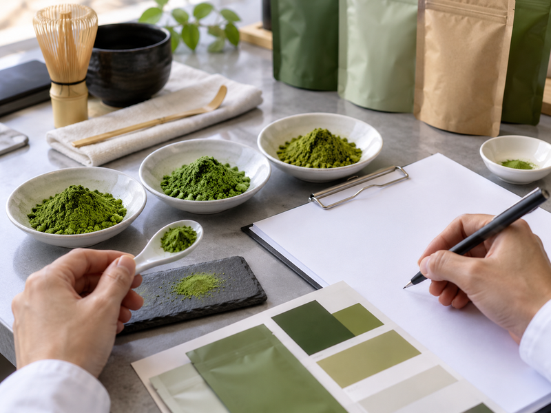 Buyer and supplier comparing a matcha wholesale specification sheet with labeled powder samples