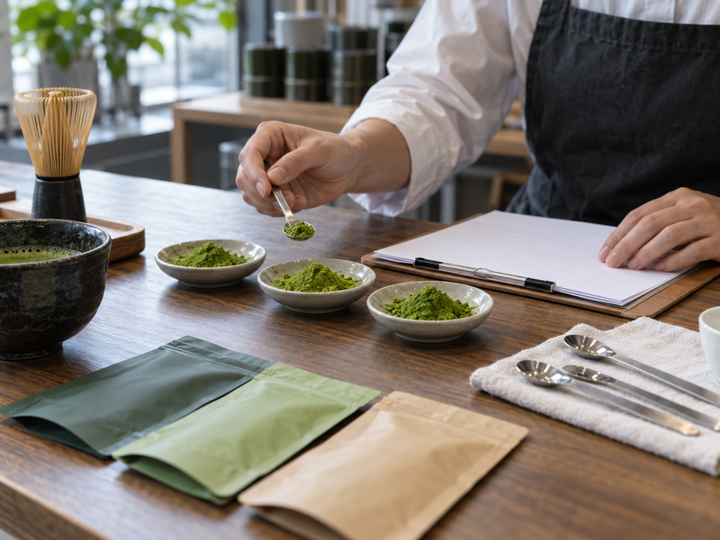 Coded matcha samples prepared as identical beverages for a sensory comparison against an approved standard