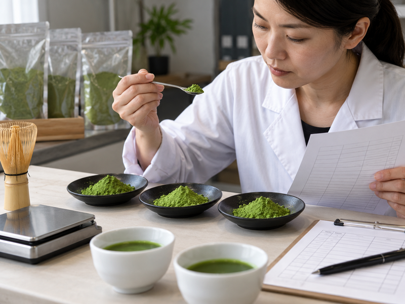 Quality specialist reviewing matcha lot documents and market-specific test requirements at a laboratory desk