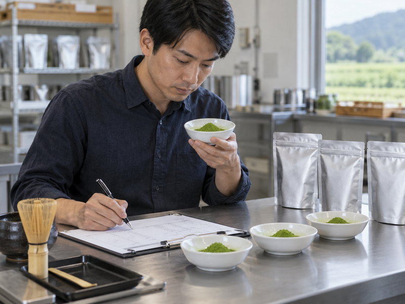 Sealed bulk matcha liners and labeled cartons arranged for packaging inspection before shipment