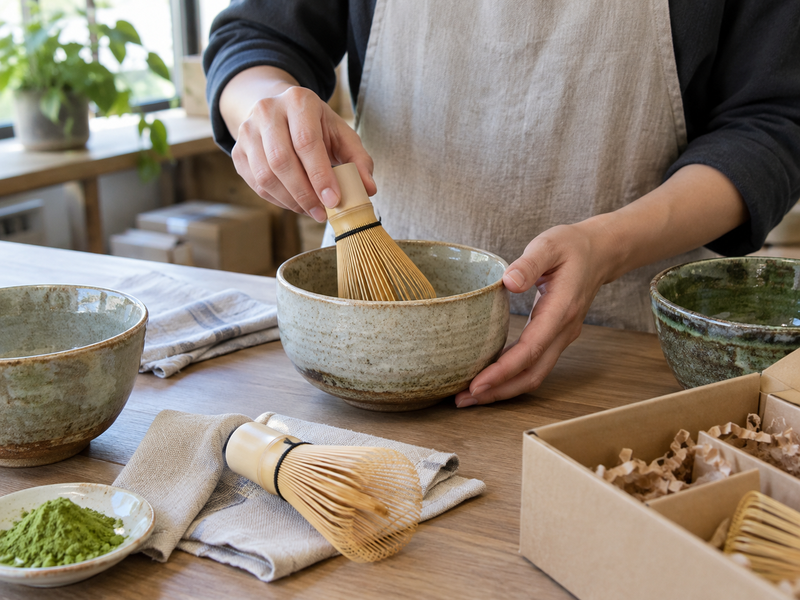 Ceramic Matcha Set: Hands testing a bamboo chasen inside a wide ceramic matcha bowl to check clearance and pairing before packaging