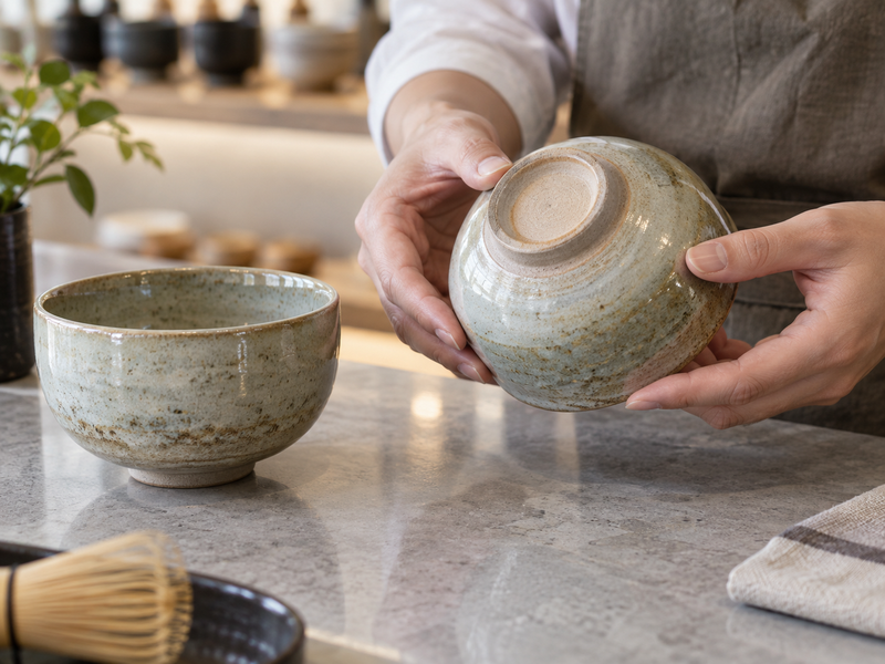 Ceramic Matcha Set: Hands inspecting the underside of a ceramic bowl