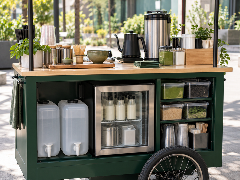Mobile matcha cart serving an iced latte at an event with measured cup and menu sign