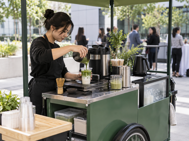 Three approved matcha cart drink builds with measured ingredients and recipe cards