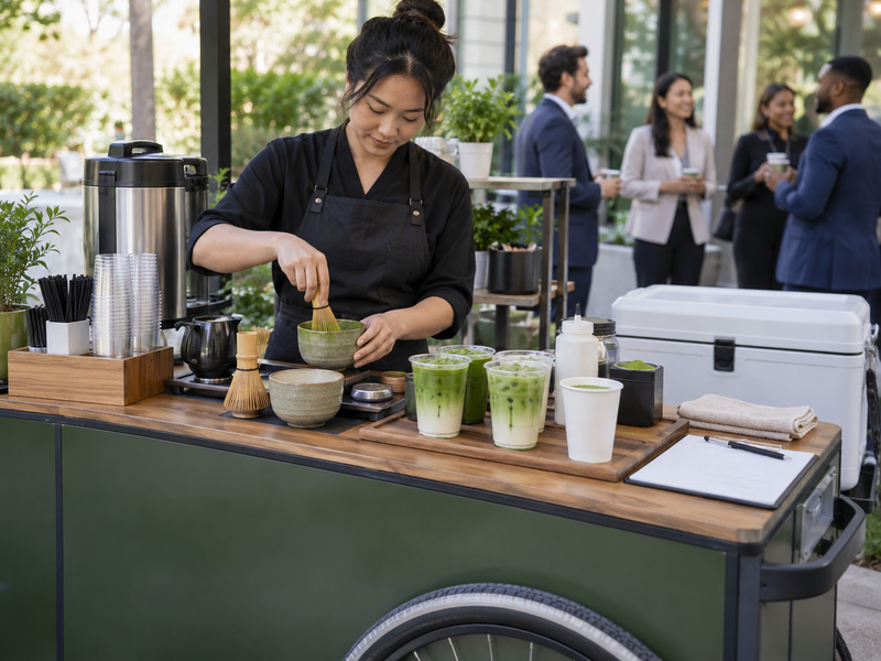 Matcha cart utility diagram labeling potable water, electrical outlets and wastewater path