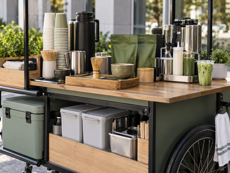 Top-down matcha cart layout with order, whisk, finish, pickup and restock positions