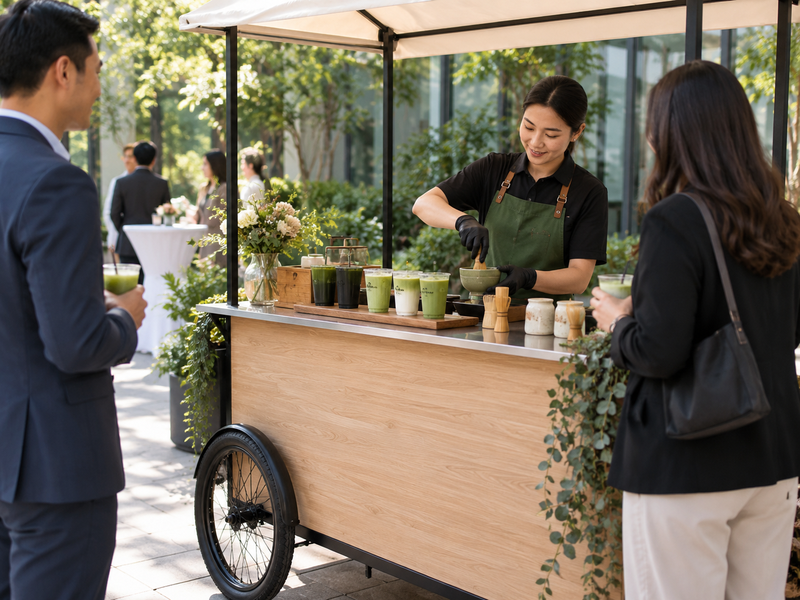 Event matcha cart contingency card beside backup utensils and labeled reserve stock