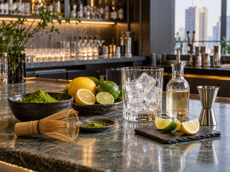 Matcha, citrus and measured bar ingredients laid out for a cocktail trial