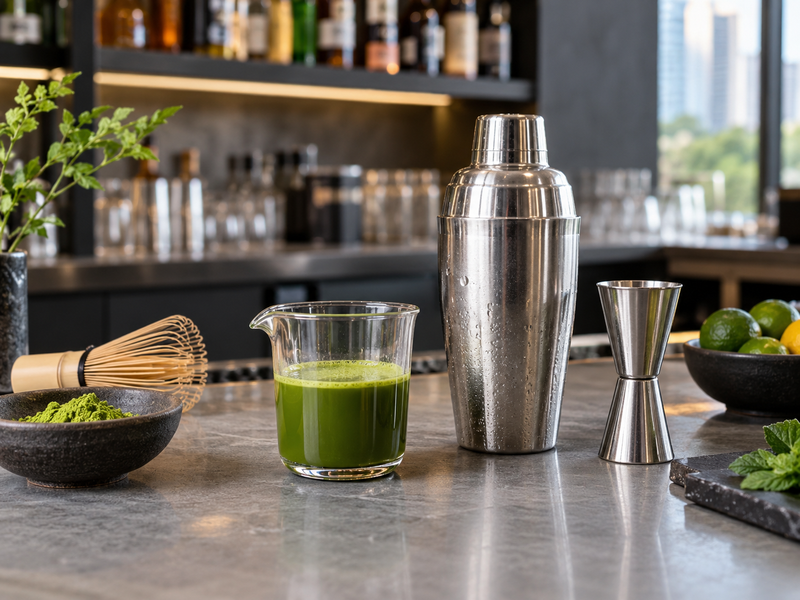 Measured matcha concentrate beside a shaker and jigger