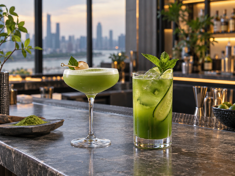 Alcoholic and alcohol-free matcha trial drinks in distinct glasses