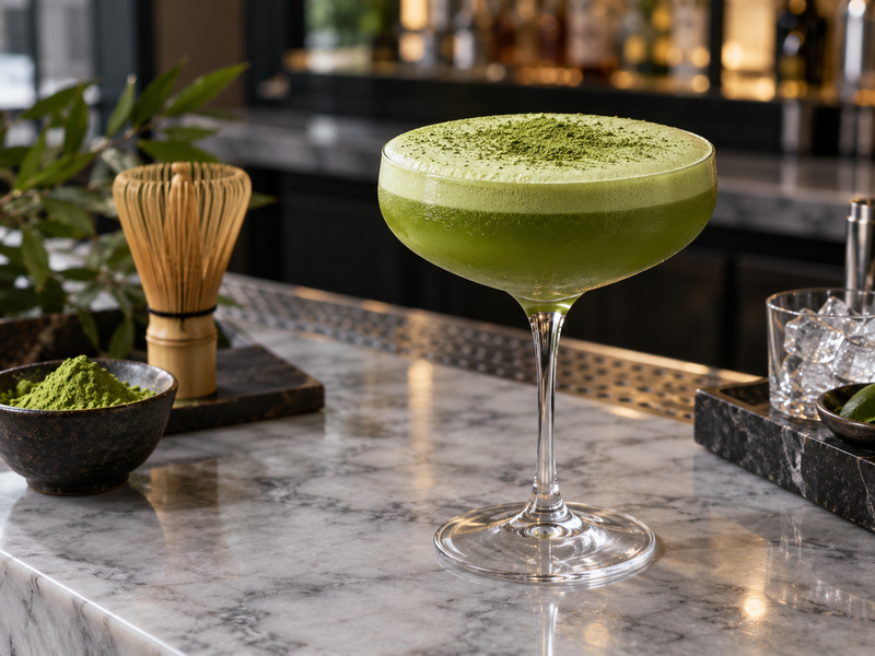 Fine matcha foam on a chilled cocktail during a service test