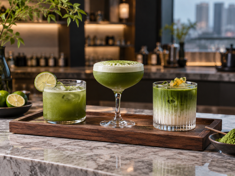 A small tasting flight compares matcha cocktail balance