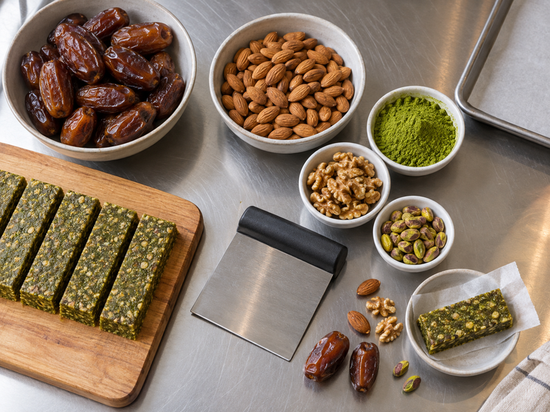 Matcha energy bars arranged for cafe retail display