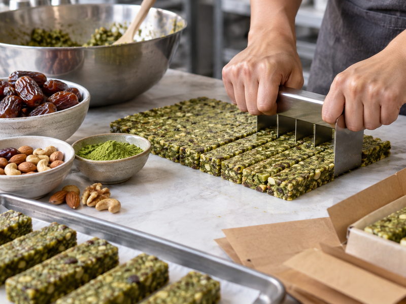 Matcha powder being mixed into a bar base