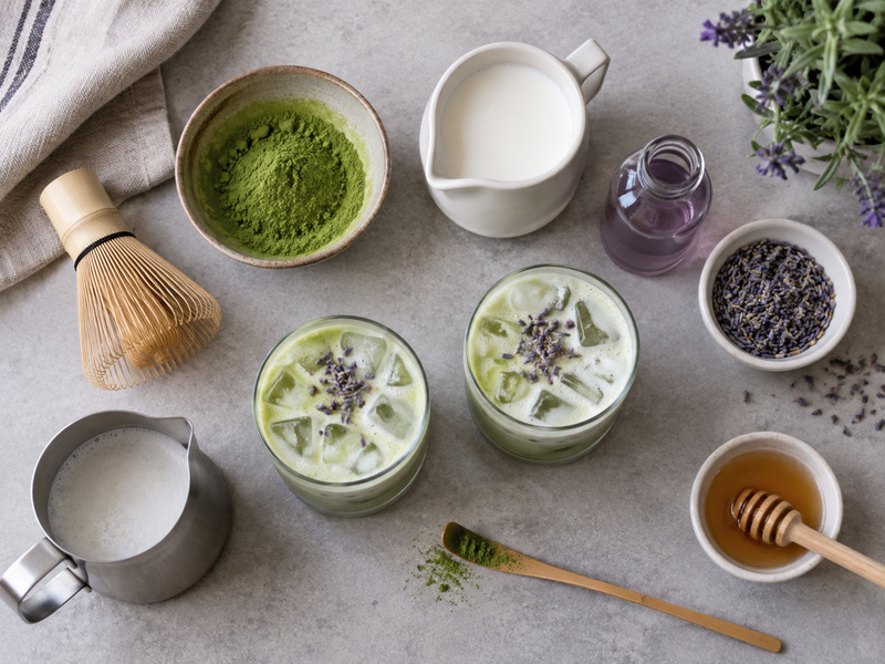 Hot matcha lavender latte prepared for a cafe tasting