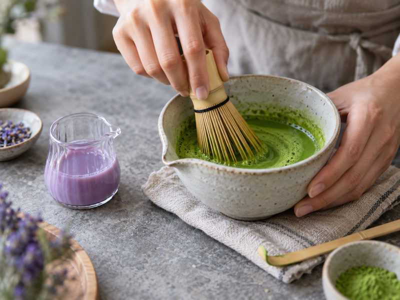 Weighed matcha powder and lavender syrup for latte testing