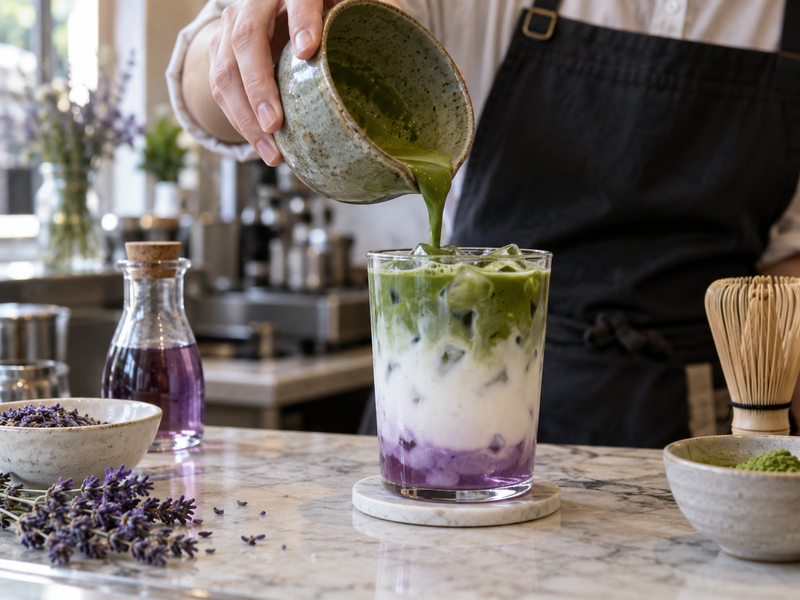 Labeled lavender syrup and matcha mise en place