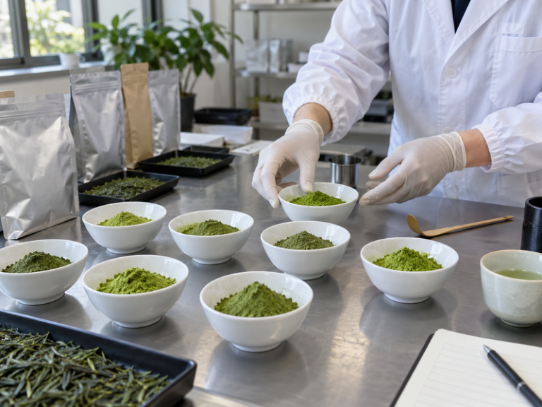 Matcha powder samples being evaluated outside a factory