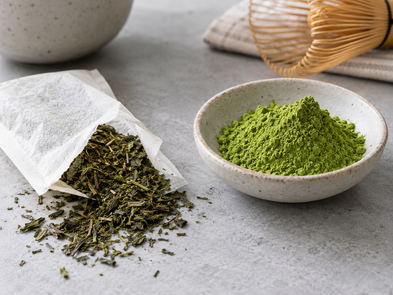 Sealed matcha tea bags and pure powder in separate labeled sample dishes