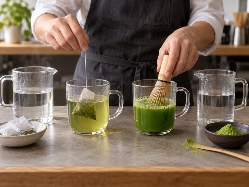 Clear brewed green tea beside opaque whisked matcha and an iced latte