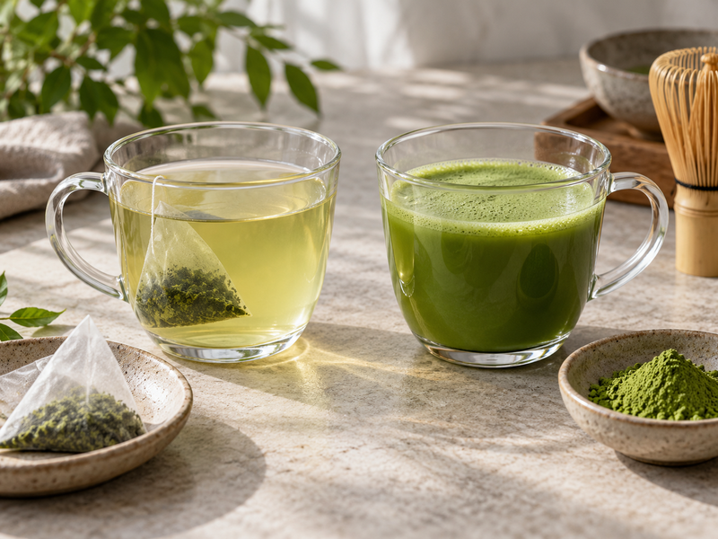 Blind-coded cups used to compare bagged tea and whisked matcha in identical recipes