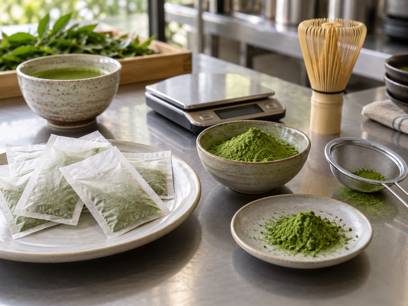 Cafe staff timing a bagged tea service beside a whisked matcha station