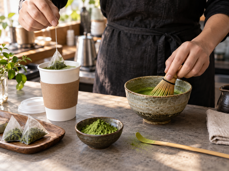 Product buyer checking matcha ingredient labels and claims beside sample packs