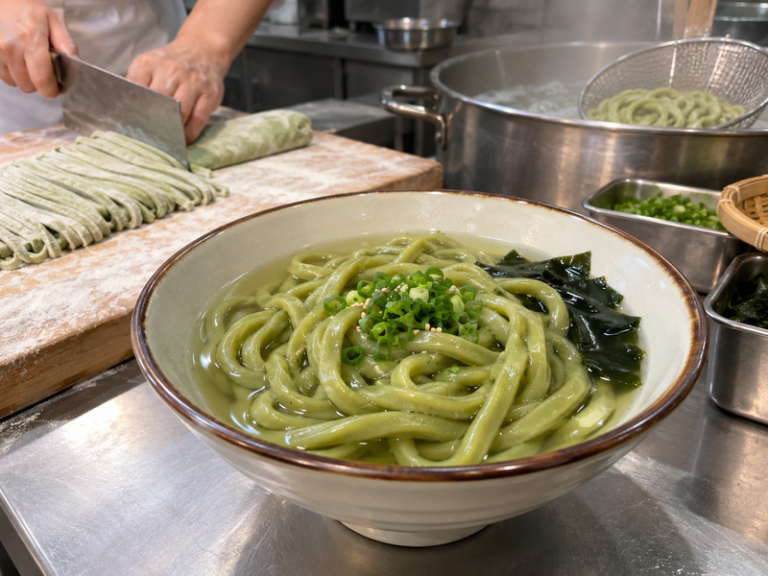 Bowl of thick matcha udon noodles in light broth at a Mainland Chinese restaurant