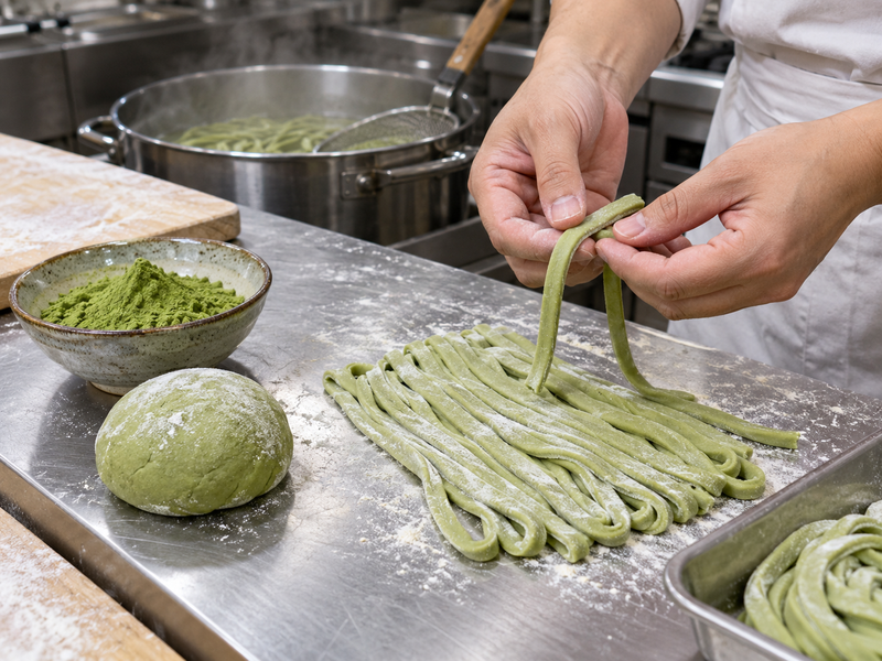Fresh thick matcha udon strands compared with a dough sample