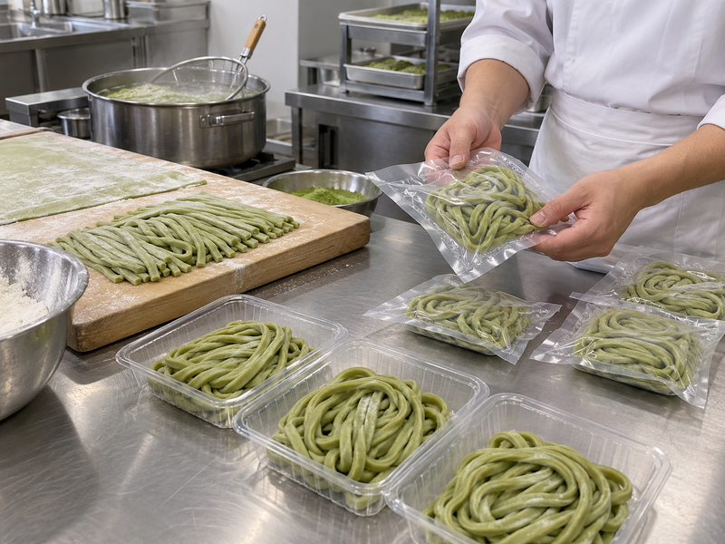 Fresh matcha udon portions in plain foodservice pack trials