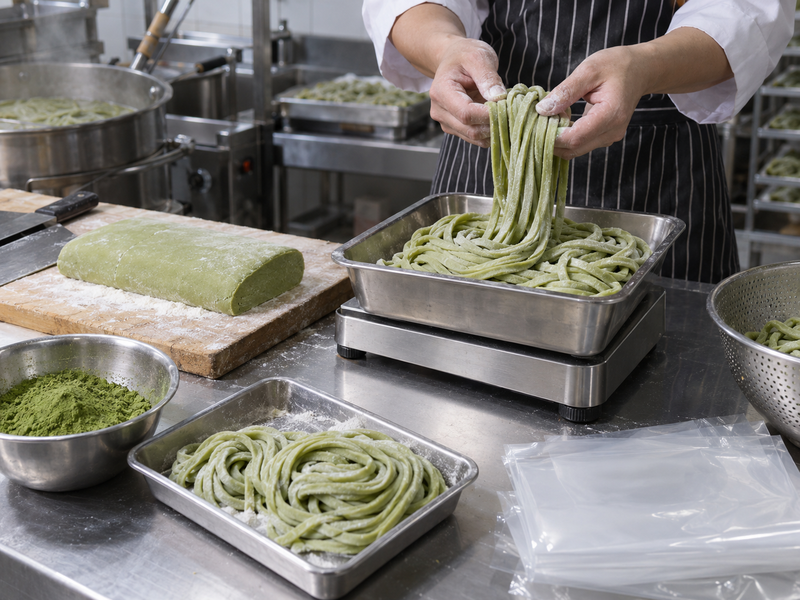Matcha udon strands weighed during production yield review