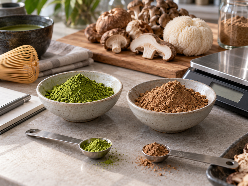Mushroom matcha formulation trial with powder ingredients and coded beverage cups