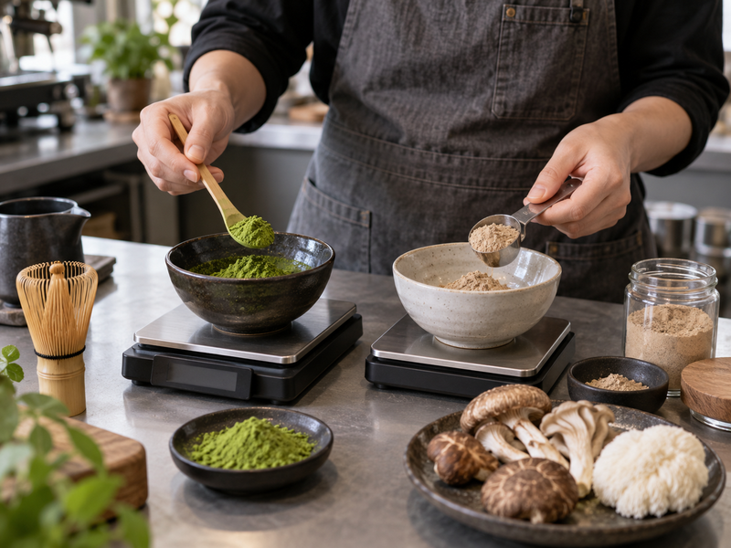 Unbranded mushroom powder and extract samples with identity records next to matcha powder