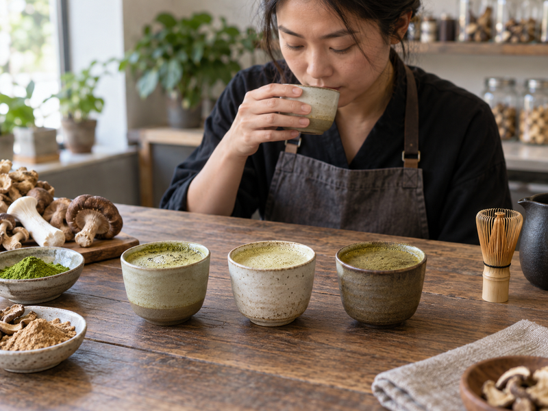 Three coded mushroom matcha latte samples in identical cups being assessed for color and texture