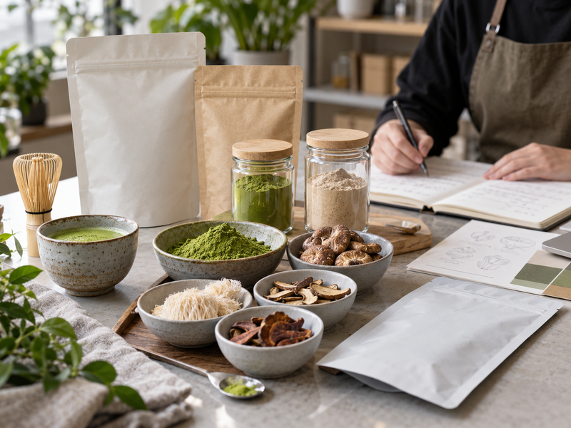 Café barista preparing a mushroom matcha drink beside sealed single-serve retail sachets