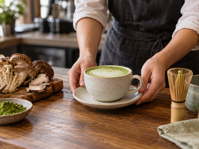 Brand team reviewing mushroom matcha ingredient panel and claims copy against supplier documents