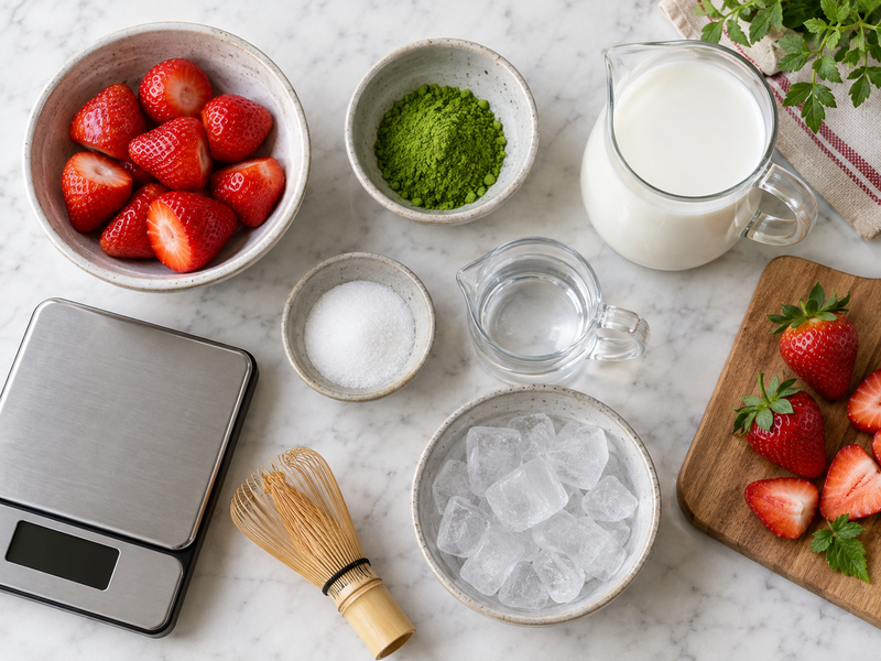 Measured strawberry matcha ingredients and café tools