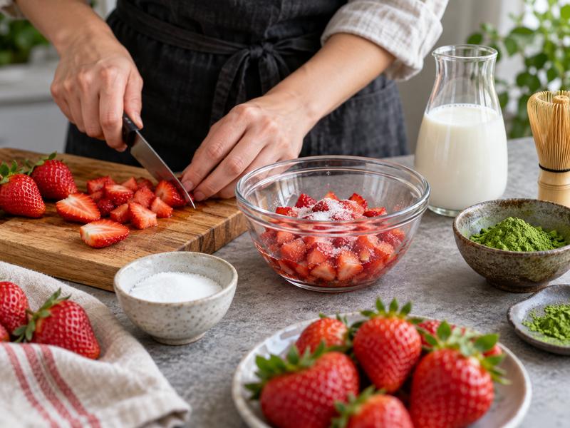Barista chopping and lightly macerating fresh strawberries