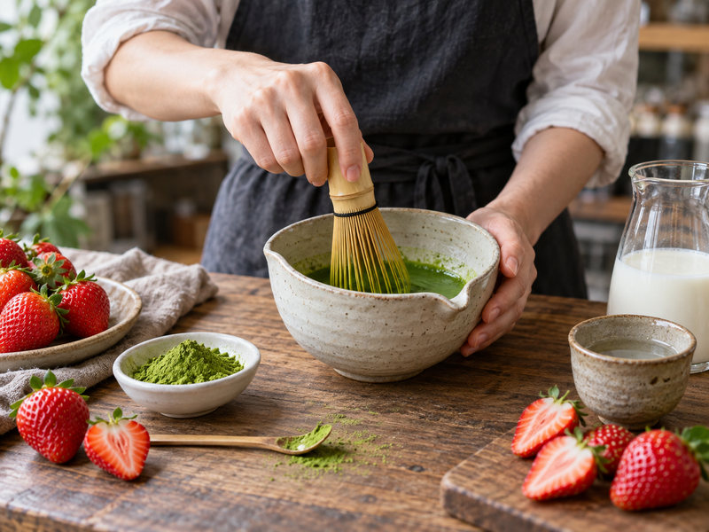 Barista whisking matcha separately from strawberries