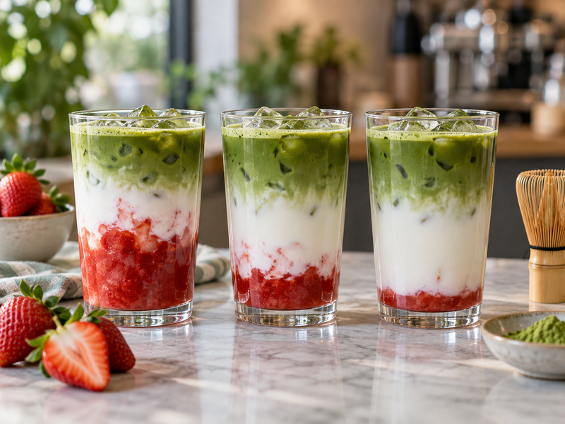 Three strawberry matcha trial cups with varied fruit portions