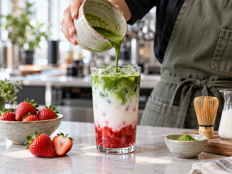 Barista pouring matcha onto iced milk and fresh strawberry base