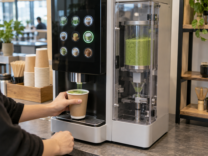 Technician weighing repeated matcha powder doses from a vending machine