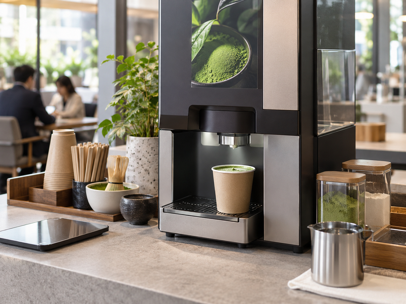 Three vending matcha cups from water-only and milk-module recipe trials
