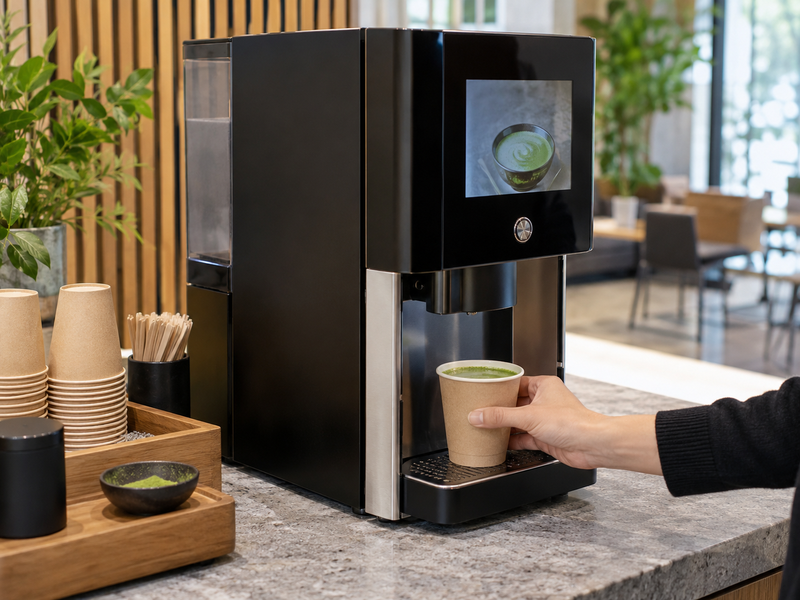 Operations team reviewing matcha vending cup tests and maintenance logs