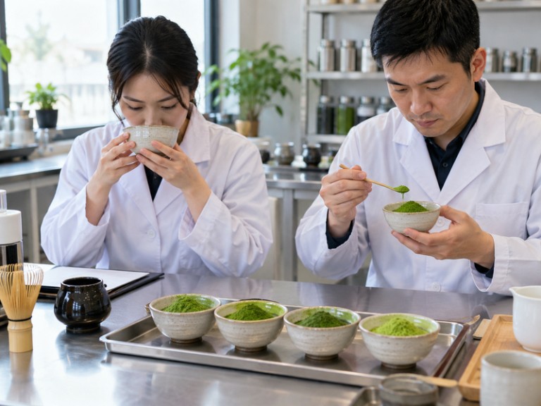 Kagoshima matcha samples undergoing sensory evaluation