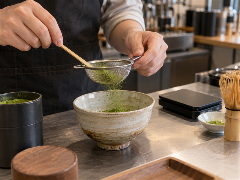 Matcha Latte Tools: Café staff sifting matcha into a bowl